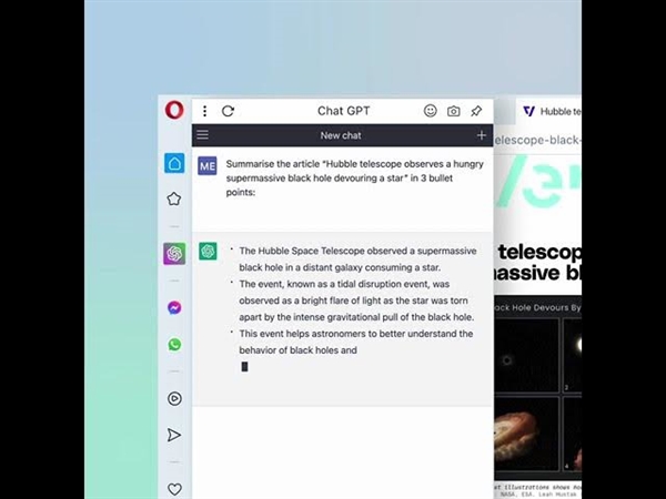 Opera新版本集成ChatGPT：一键生成网页内容摘要